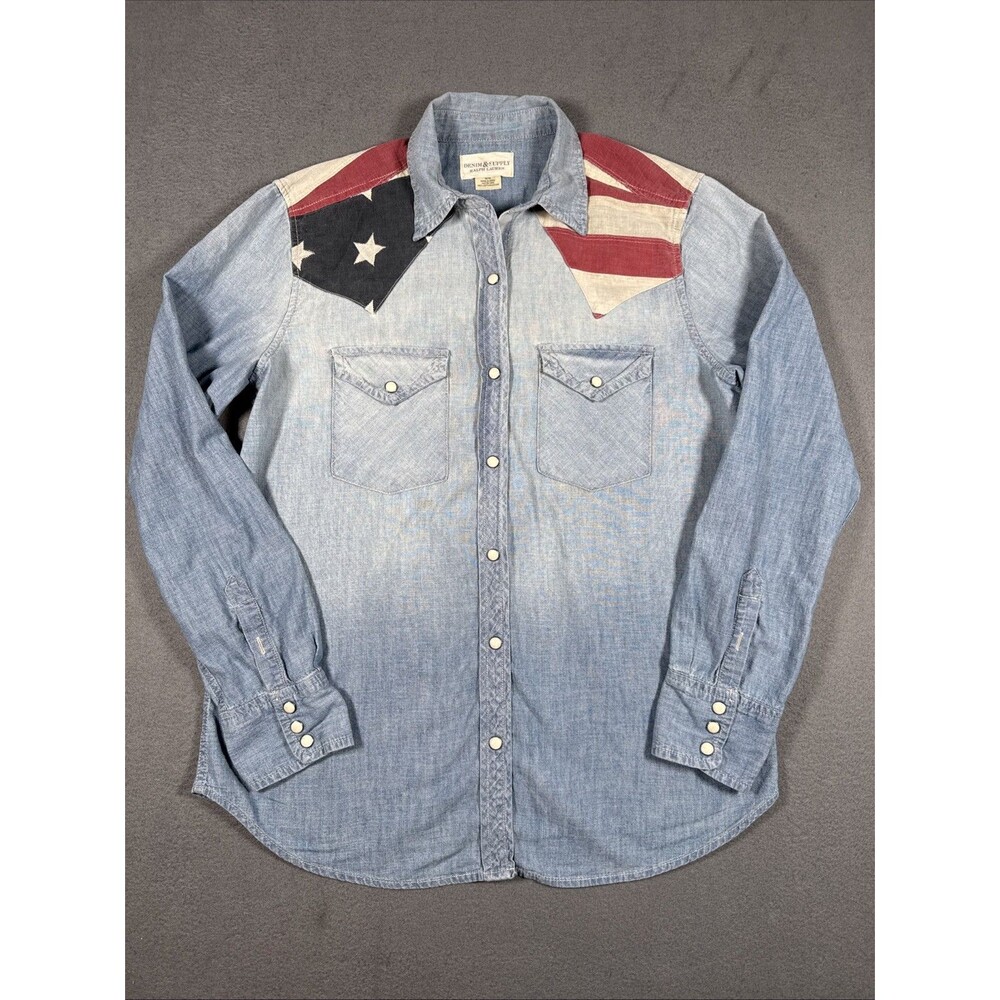 Denim Supply Ralph Lauren Womens American Flag Chambray Western Pearl Snap Shirt